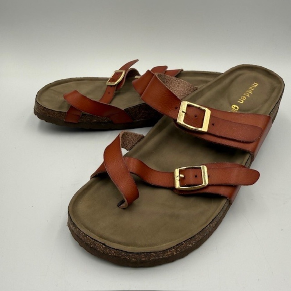 Madden Girl Bryceee Cognac Brown Toe Loop Buckle Slide Sandals Womens 7.5 M